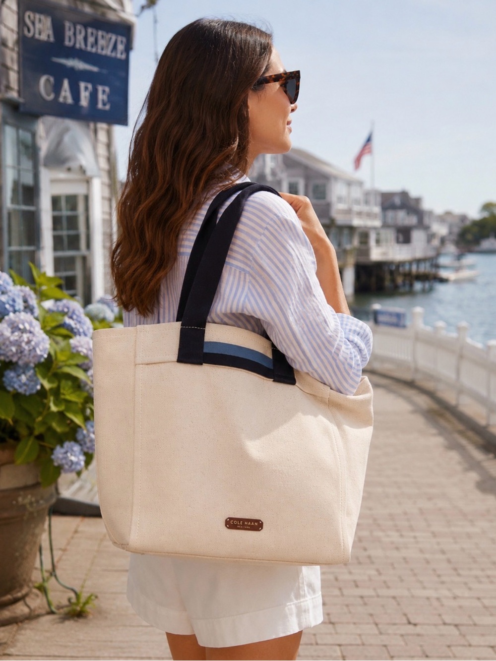 NWT Cole Haan York Beach Canvas Tote Egret Ivory Navy Stripe Travel Shopper Bag